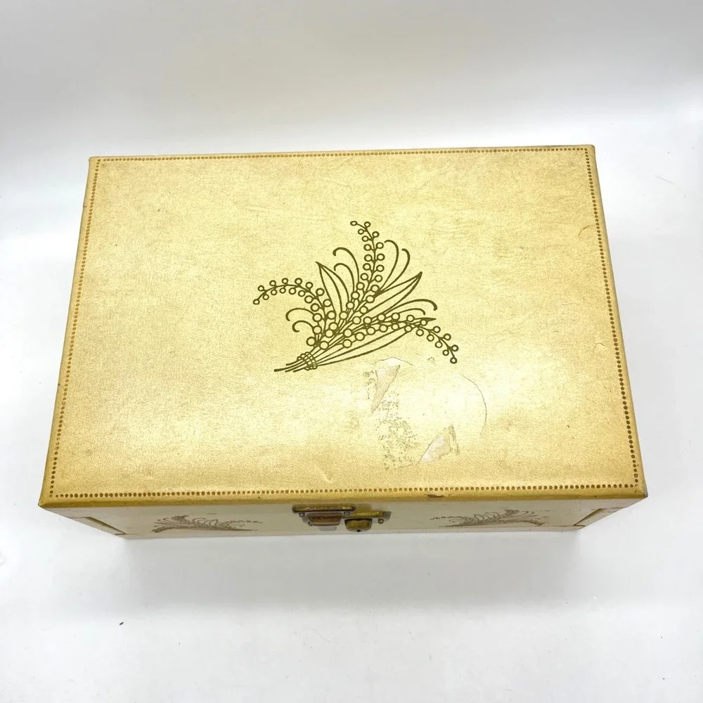 Vintage Cream Faux Leather Jewelry Box Red Velvet Lining Gold Floral Latch
